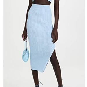 Elexiay Light Blue Ribbed Cotton Knit Midi Skirt Side Slit Soft Girl Size‎ S